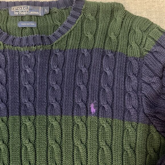 Polo Ralph Lauren Sweater Mens Large Blue Green Cable Knit Crewneck 90's Y2k - Picture 3 of 8